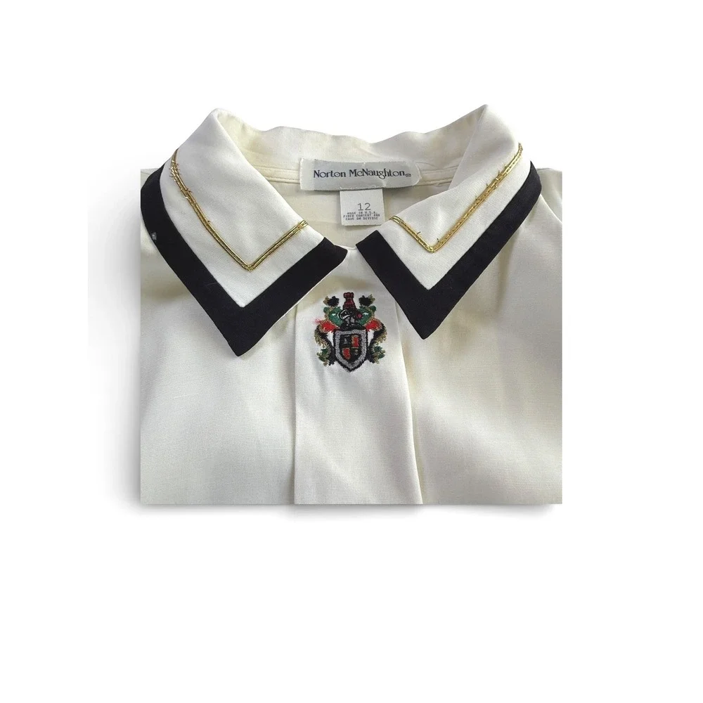 Norton McNaughton‎ Womens Cream Crest Emblem Collared Button Up Shirt Size 12